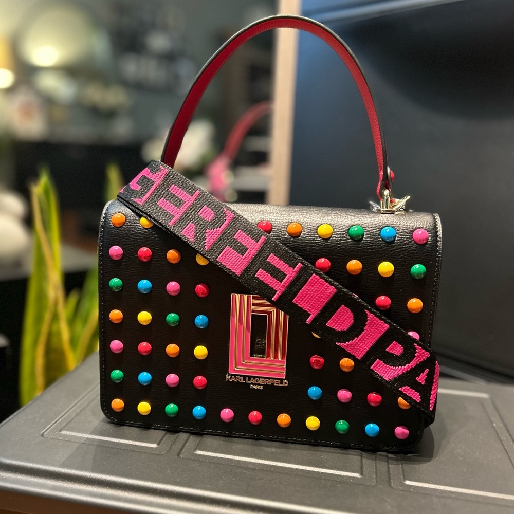 KARL LAGERFELD Black Candy Studded Leather Simoné Flat Crossbody Bag NWT